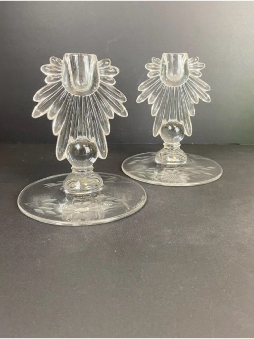 Vintage Corn Flower Glass Candlestick Holders: Art Deco Pair